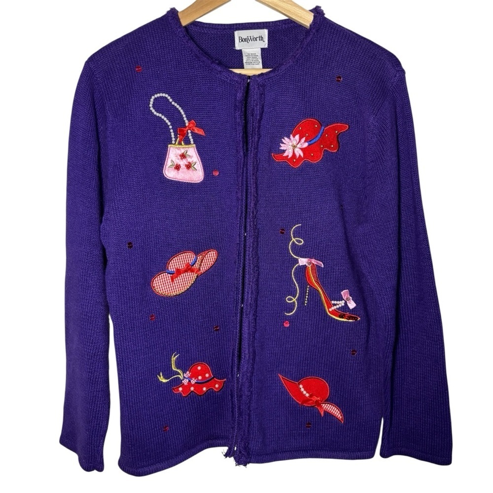 VTG BonWorth Red Hat Society Theme Cardigan MP Medium Purple Embroidered Ramie